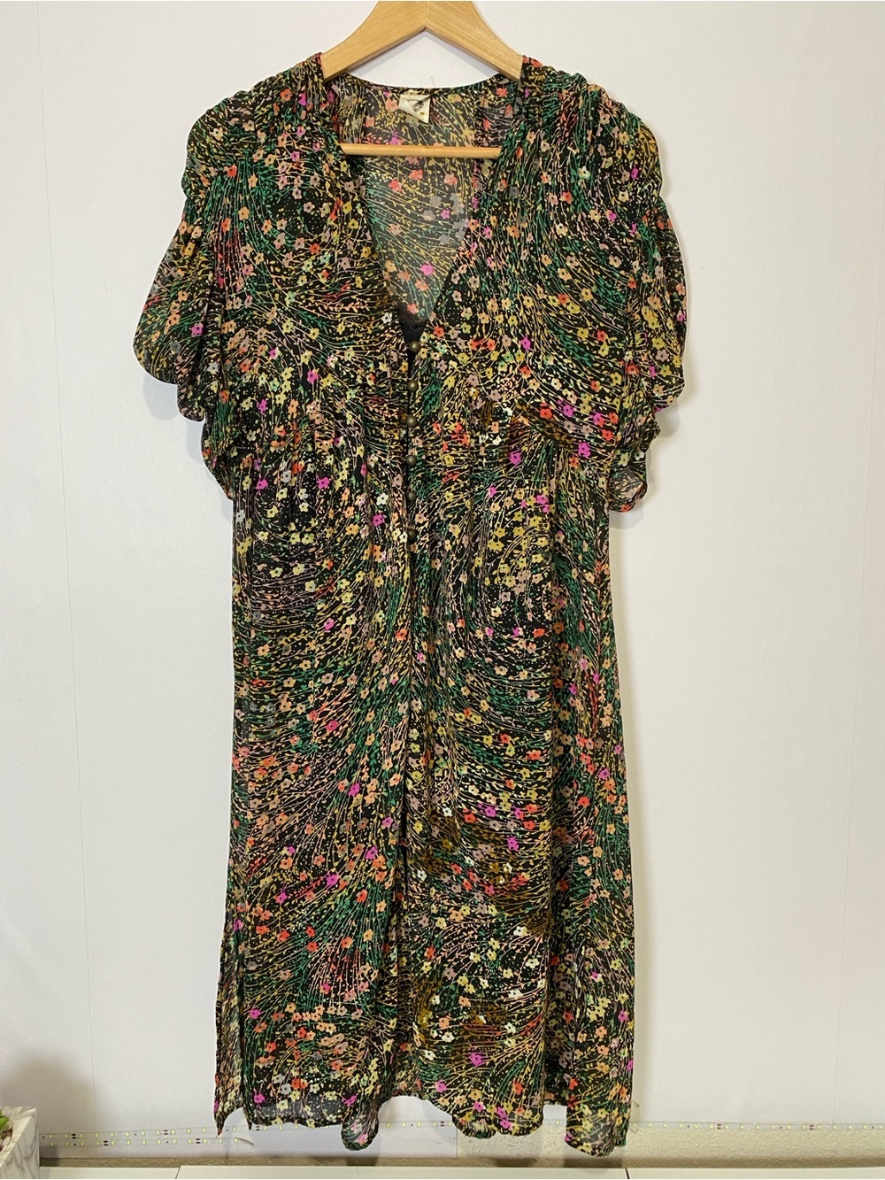 Akemi + Kin Anthropologie Floral Boho Midi Dress Puff Sleeve Cottagecore XS